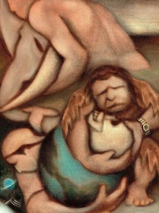 Original Rediscover World Caveman Abstract Surreal Painting for Sale